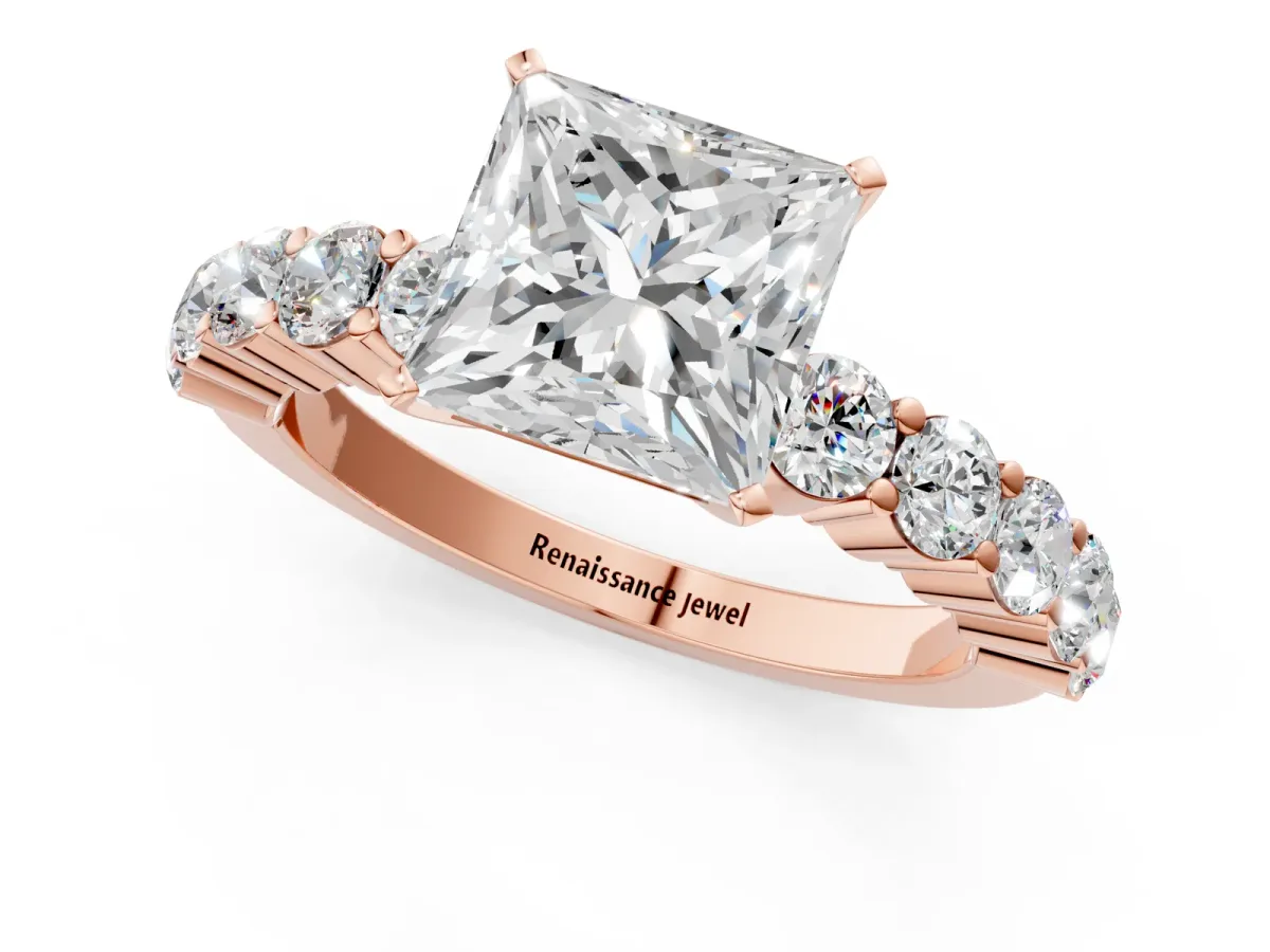 Princess Cut Diamond Solitaire Ring with Shared Prong Round Side Stones Rose gold