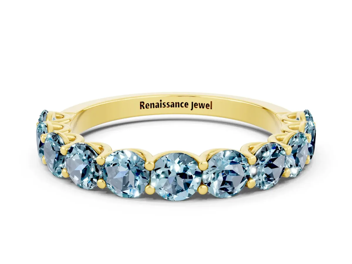 Round Aquamarine Shared Prong Eternity Band Yellow gold