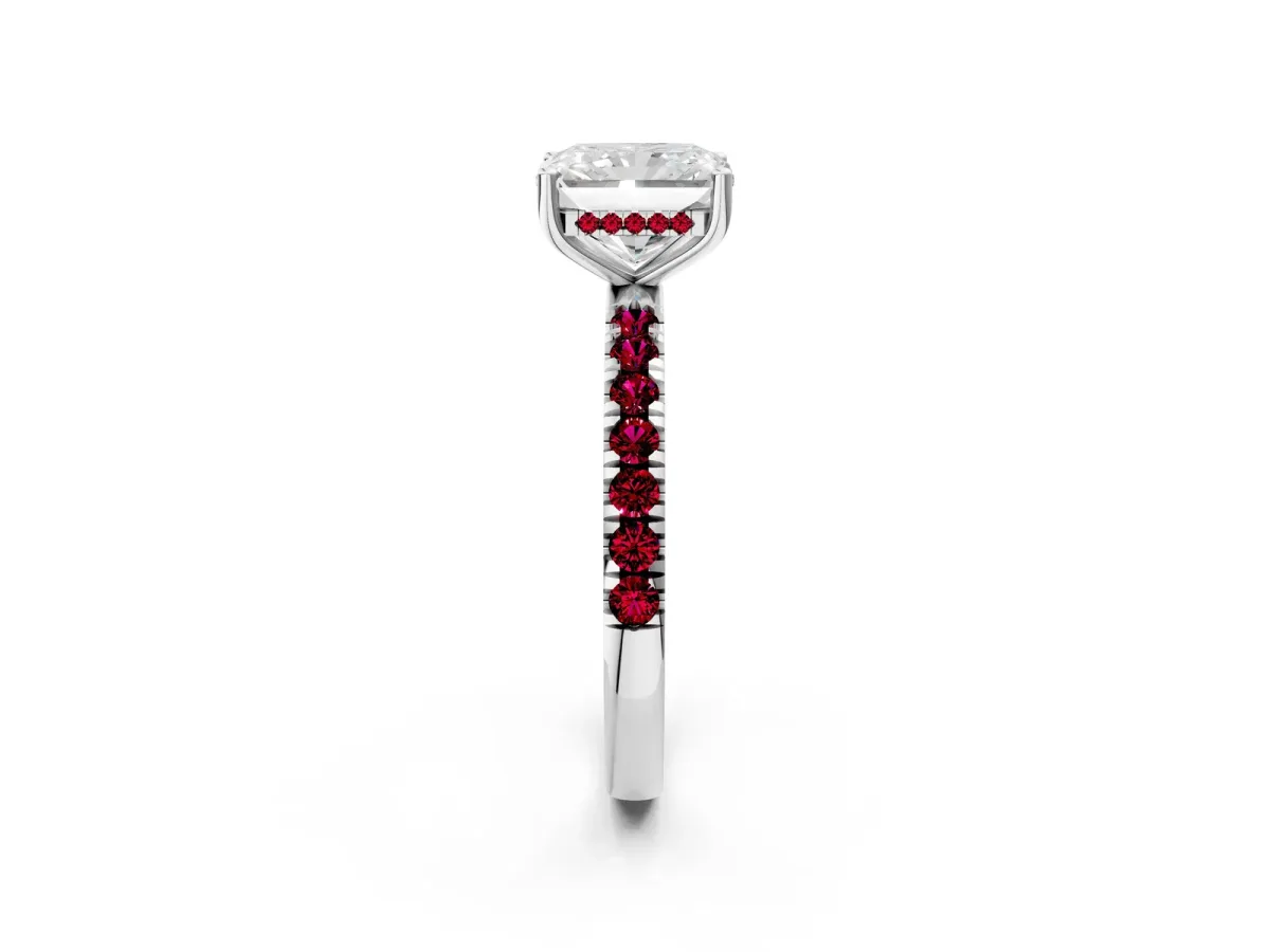 Radiant Cut Diamond Pave Band Solitaire Ring with Round Garnet and Prong Setting Silver