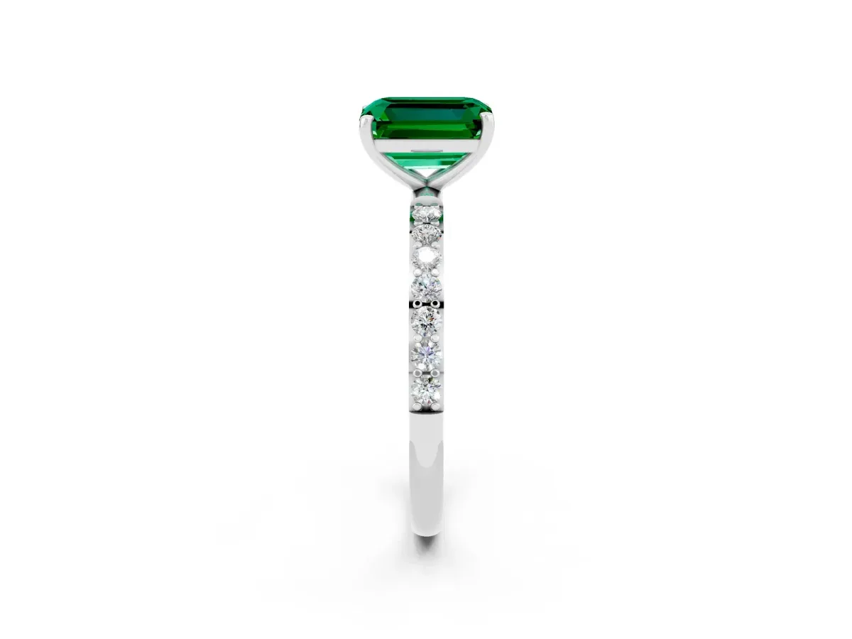 Emerald Cut Emerald Solitaire Ring with Round Pavé Band and Prong Setting Platinum