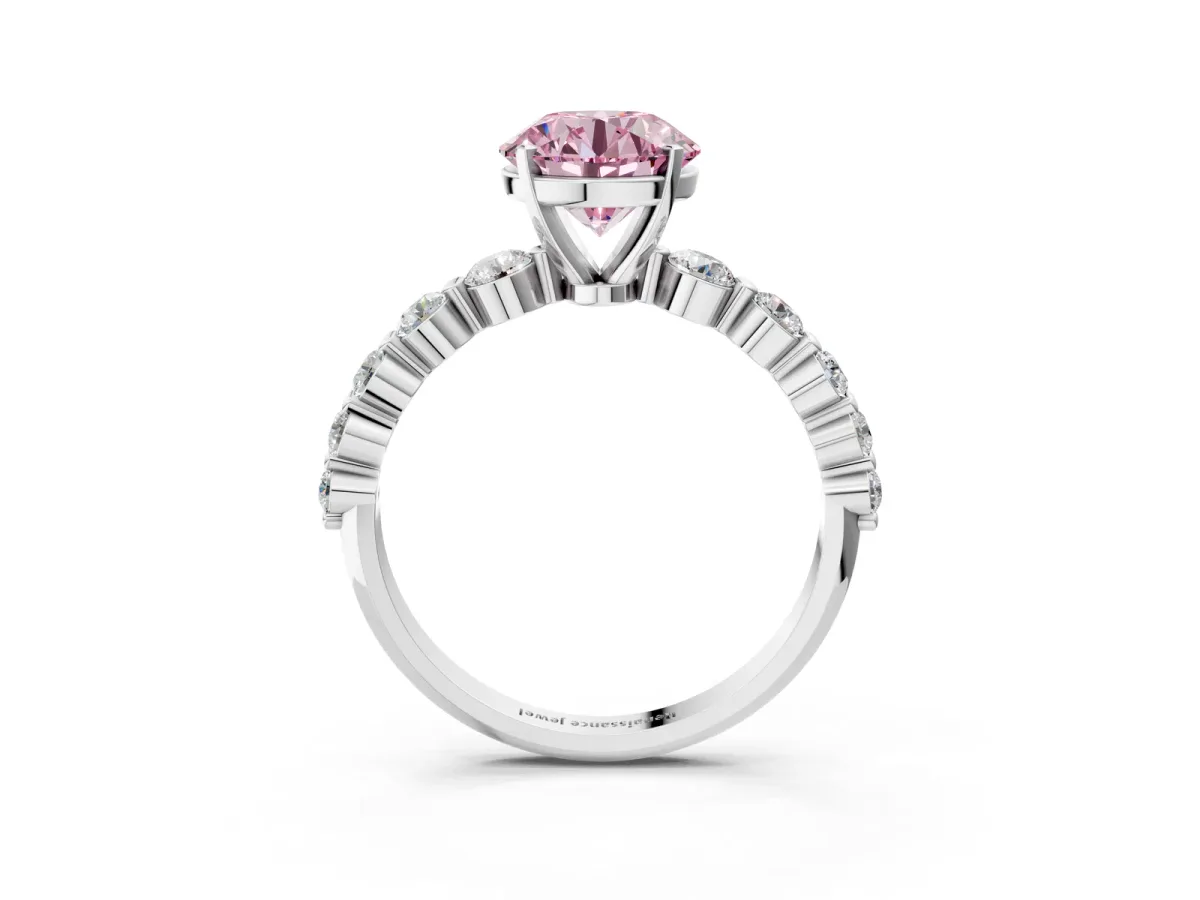 Fancy Pink Round Cut Solitaire Diamond Ring with Pave Band and Four-Prong Setting Silver
