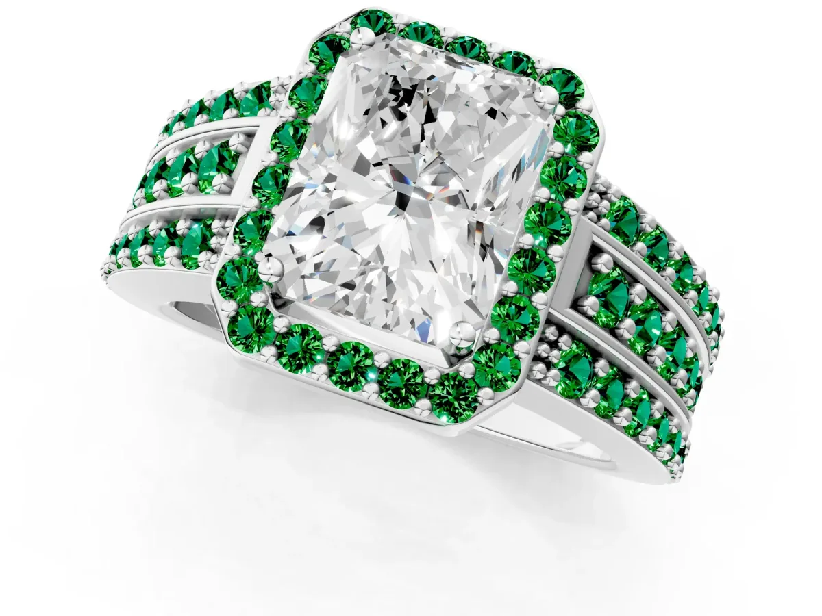 Radiant Cut Halo Diamond Ring with Round Emerald Split Shank and Prong Setting Silver