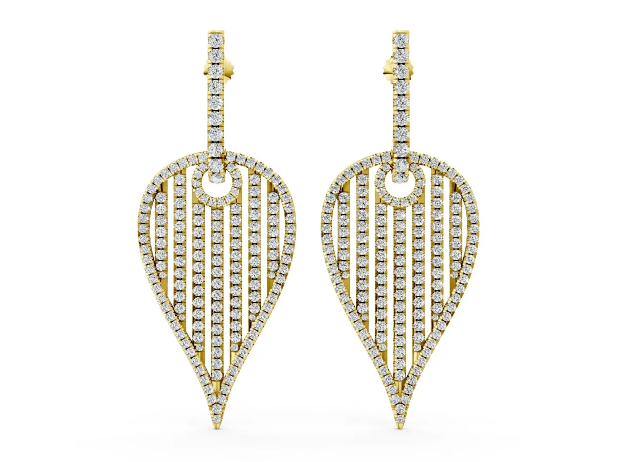 Round Diamond Striped Teardrop Statement Drop Earrings Yellow gold