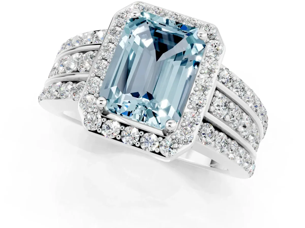 Emerald Cut Halo Aquamarine Ring with Round Split Shank and Prong Setting Silver