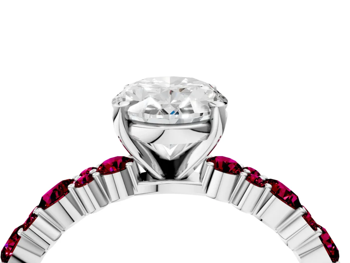Oval Cut Diamond Side Stone Solitaire Ring with Round Garnet and Four-Prong Setting Silver