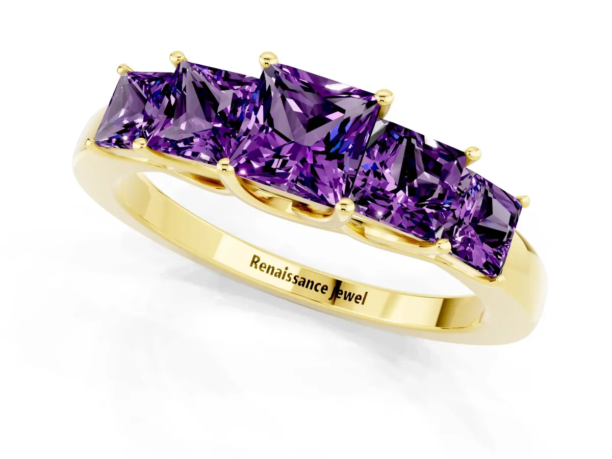 Princess Cut Five-Stone Amethyst Ring with Classic Prong Setting Yellow gold