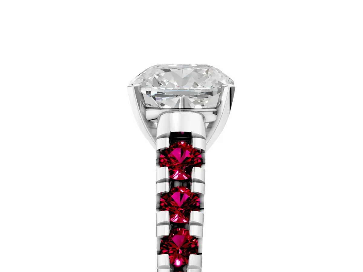 Cushion Cut Diamond Cathedral Solitaire Ring with Round Garnet Pavé Band Silver