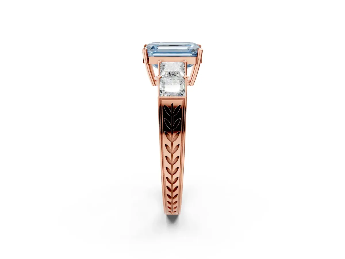 Fancy Blue Emerald Cut Solitaire Princess Side Stone Engraved Band Prong Setting Ring Rose gold