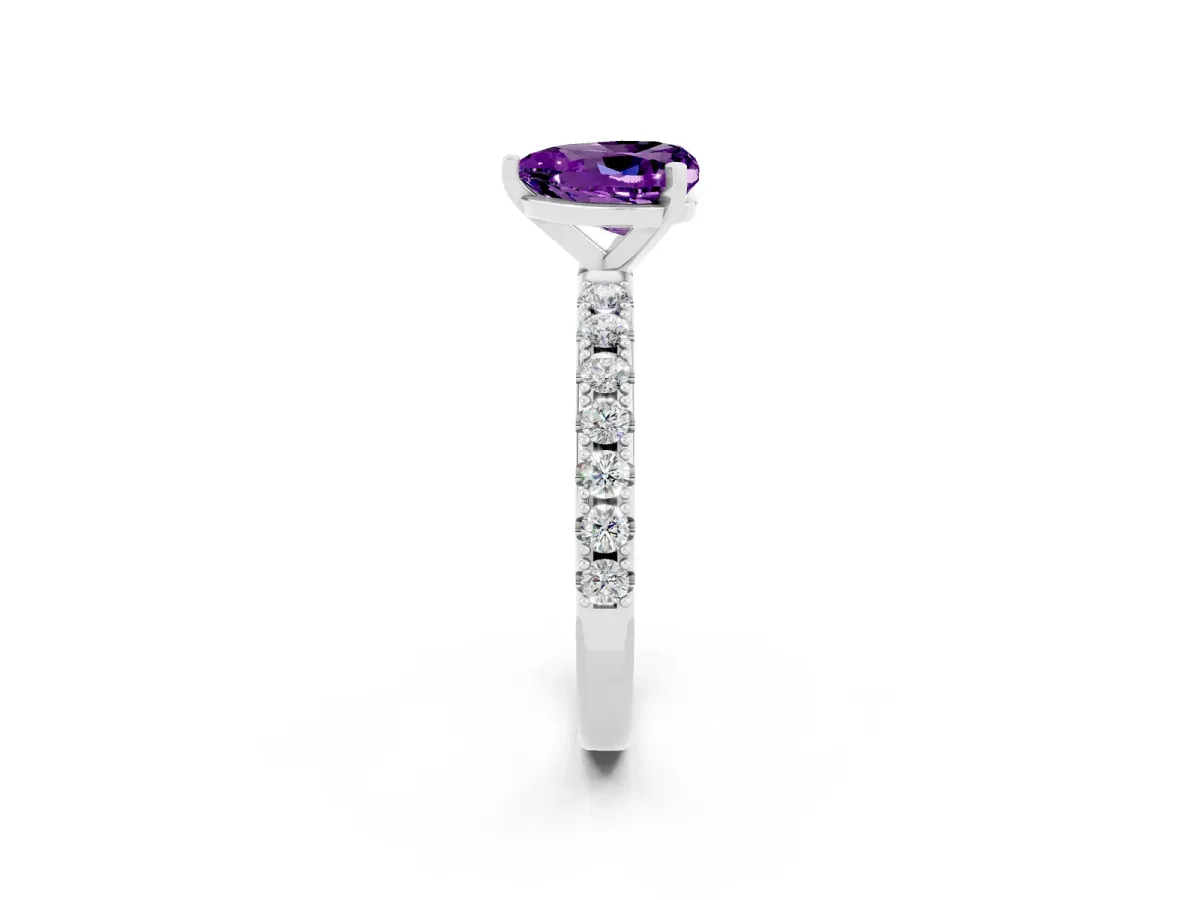 Heart Cut Amethyst Solitaire Pavé Band with Four-Prong Setting Silver