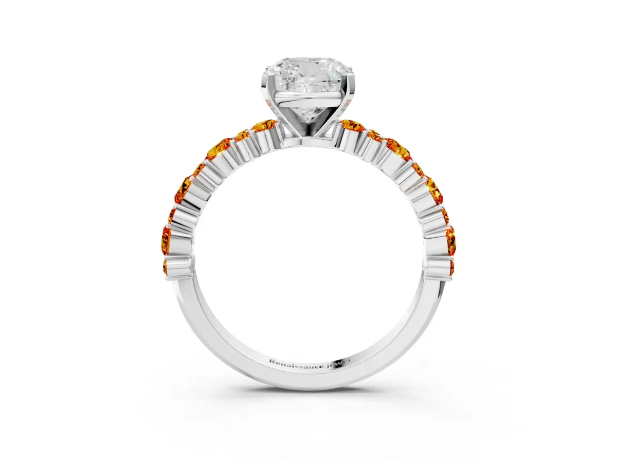 Cushion Cut Diamond Side Stone Solitaire Ring with Round Citrine and Four-Prong Setting Platinum