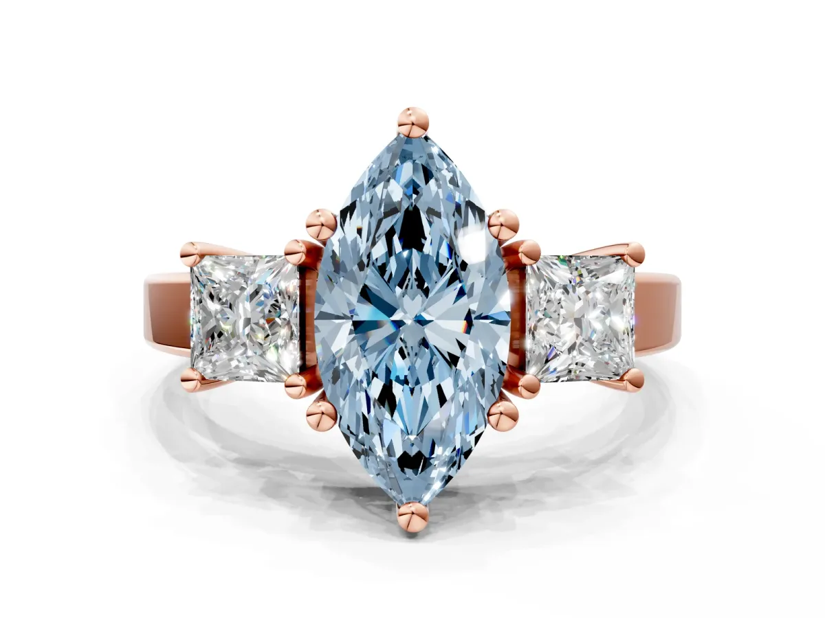 Fancy Blue Three-Stone Marquise Cut Cut Solitaire Ring with Prong Setting Rose gold