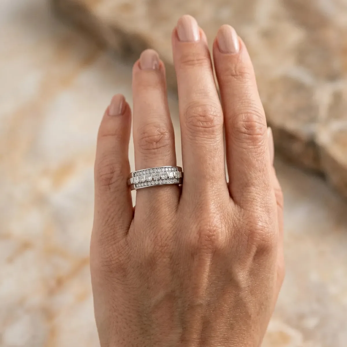 Bar-Set Princess Cut Diamond Pavé Band Silver