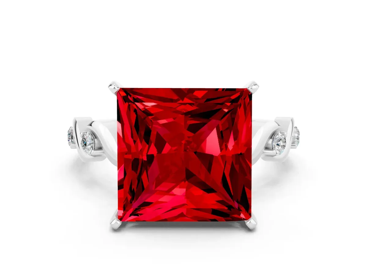 Princess Cut Ruby Solitaire Twisted Band with Round Accents and Prong Setting Silver