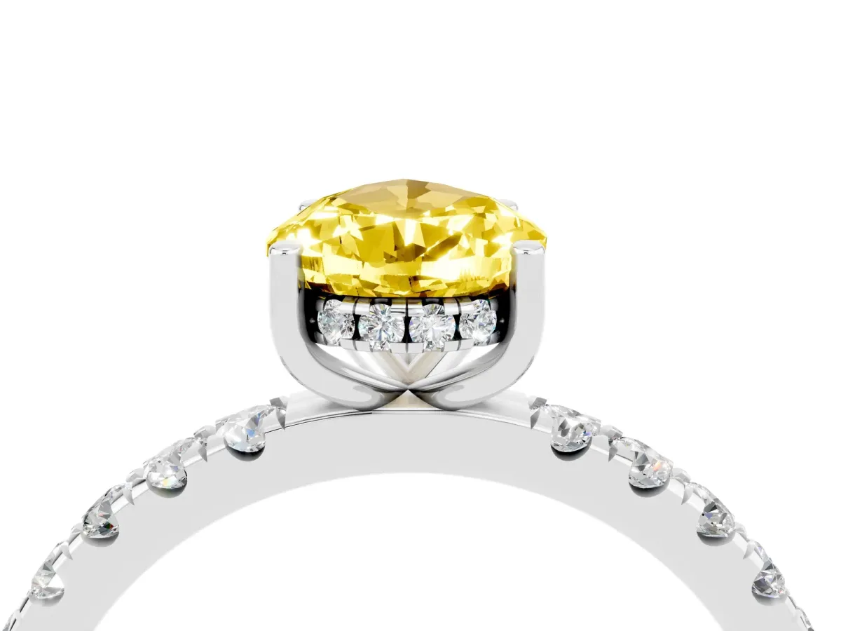 Pear Cut Yellow Sapphire Pave Band Solitaire Ring with Round and Prong Setting Silver