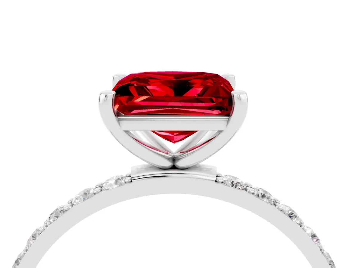 Princess Cut Ruby Solitaire Ring with Round Pavé Band and Prong Setting Silver