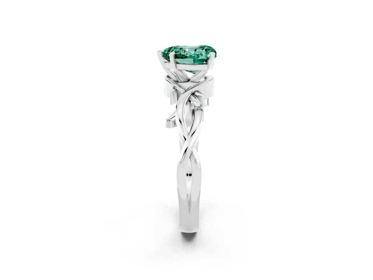 Heart Cut Green Sapphire Solitaire Ring with Twisted Band and Prong Setting Silver