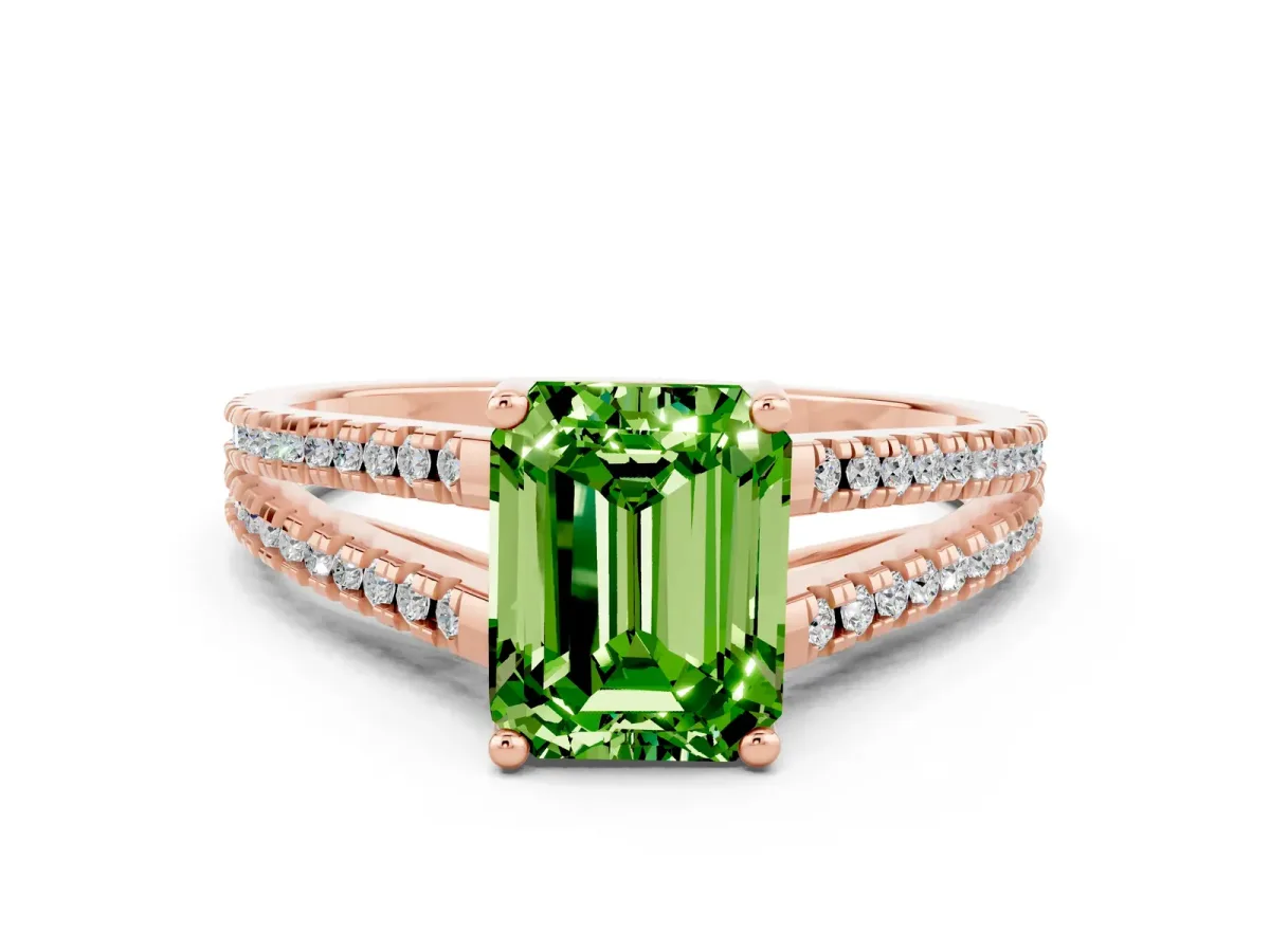 Emerald Cut Peridot Solitaire Engagement Ring with Split Shank Pavé Band Rose gold