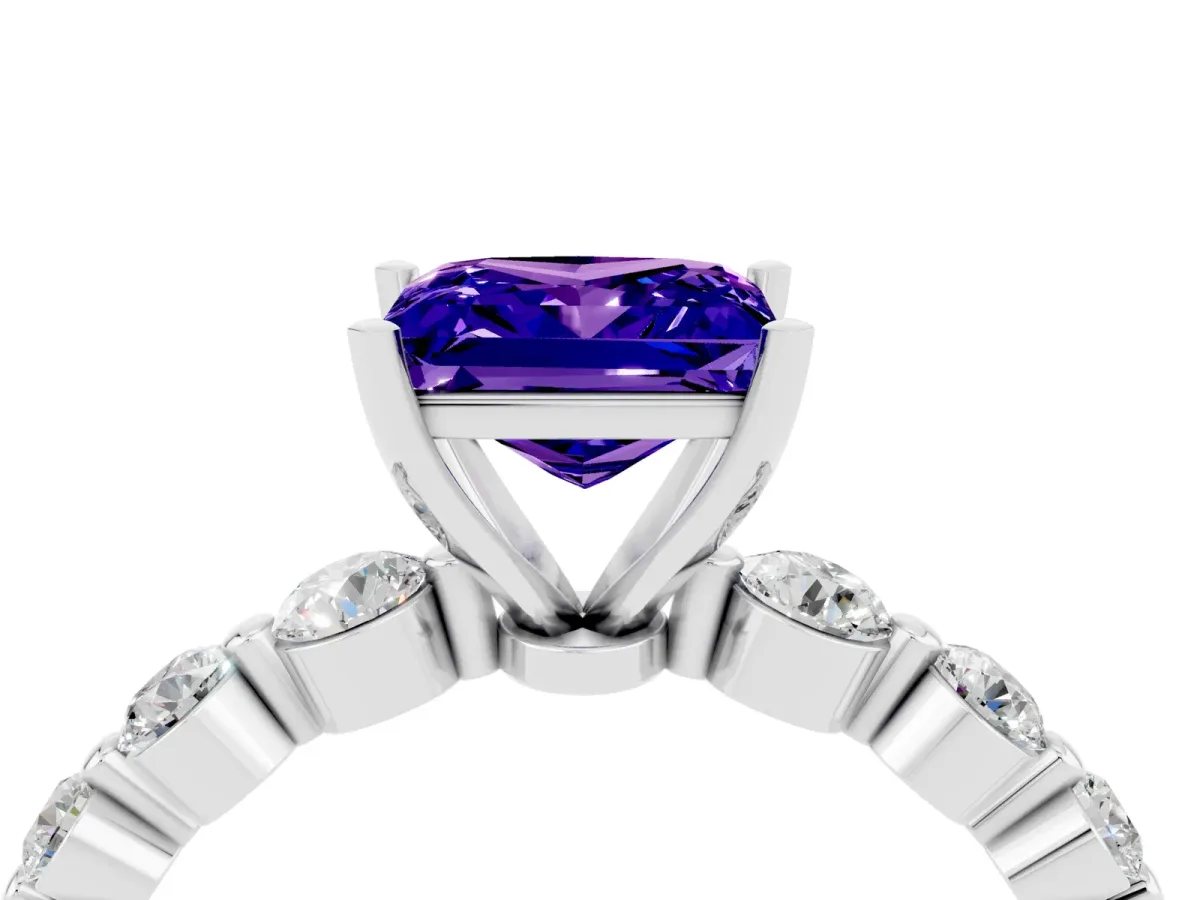 Princess Cut Solitaire Tanzanite Ring with Pave Band and Four-Prong Setting Silver