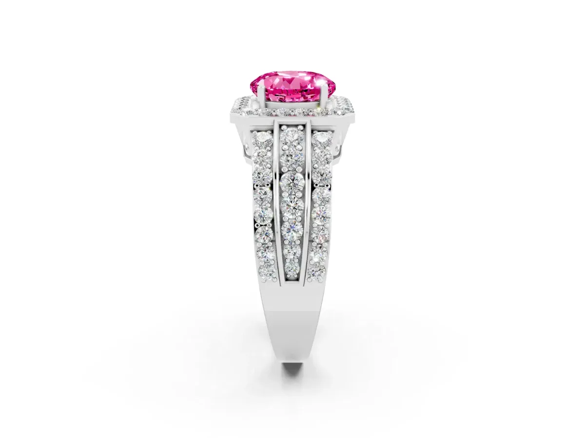 Round Cut Halo Pink Sapphire Ring with Round Split Shank and Prong Setting Platinum