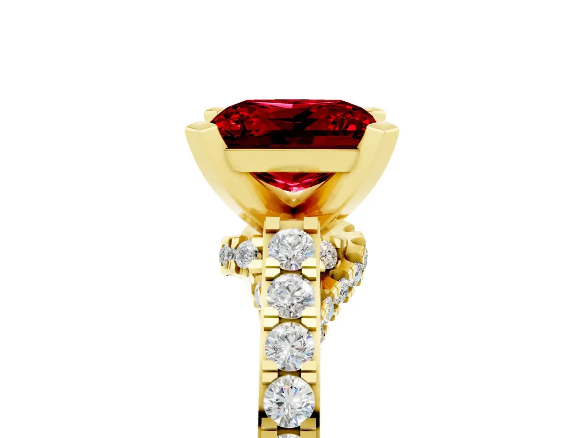 Princess Cut Ruby Solitaire Ring with Crossover Gallery and Round Pavé Band Yellow gold