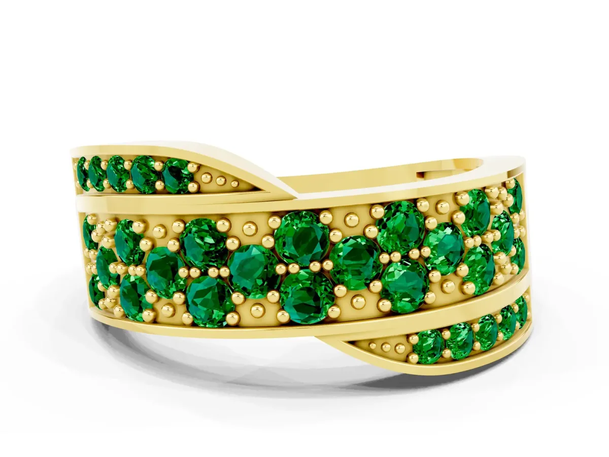 Pavé Round Emerald Crossover Band with Bead Prong Setting Yellow gold
