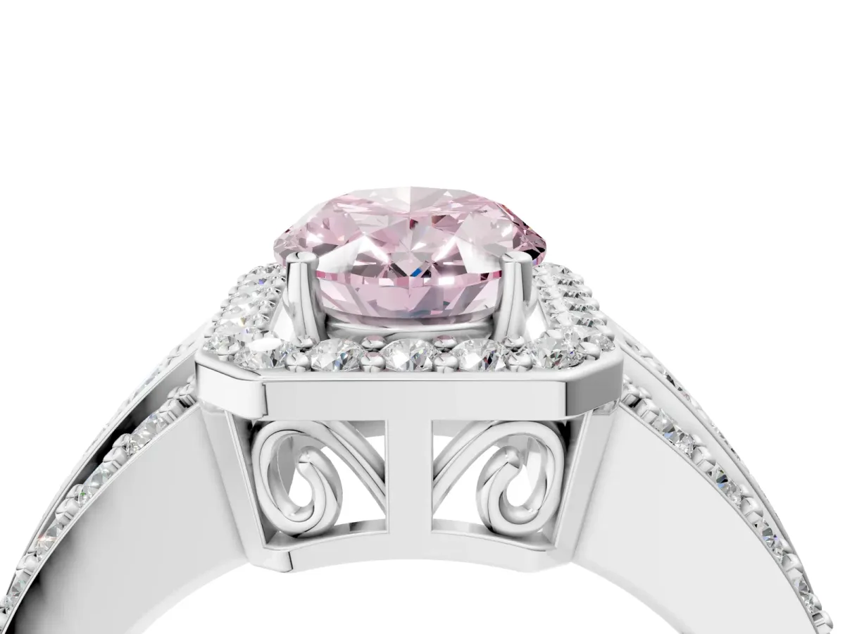 Fancy Pink Oval Cut Halo Diamond Ring with Round Split Shank and Prong Setting Platinum