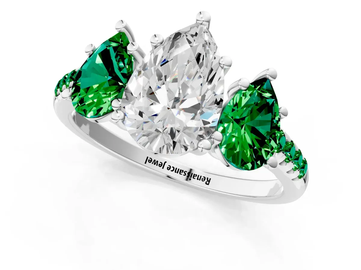 Three-Stone Pear Cut Diamond Ring with Round Emerald Pavé Band and Prong Setting Silver