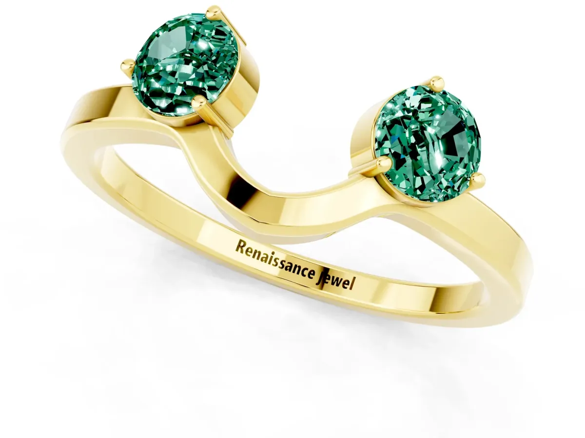 Dual Round Green Sapphire Open Band Ring with Prong Setting Yellow gold