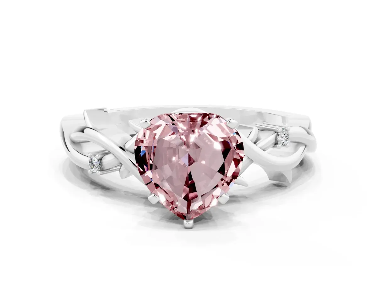 Heart Cut Morganite Solitaire Ring with Twisted Band and Prong Setting Platinum