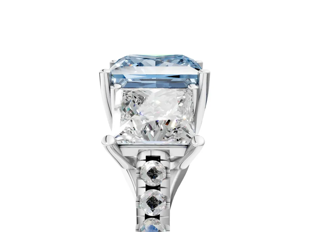 Fancy Blue Three-Stone Princess Cut Diamond Ring with Round Pavé Band and Prong Setting Silver