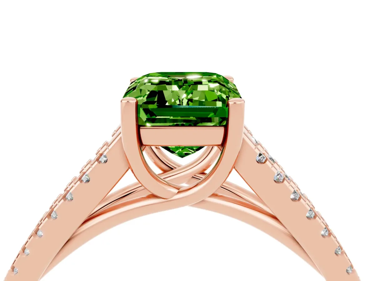 Emerald Cut Peridot Solitaire Engagement Ring with Split Shank Pavé Band Rose gold