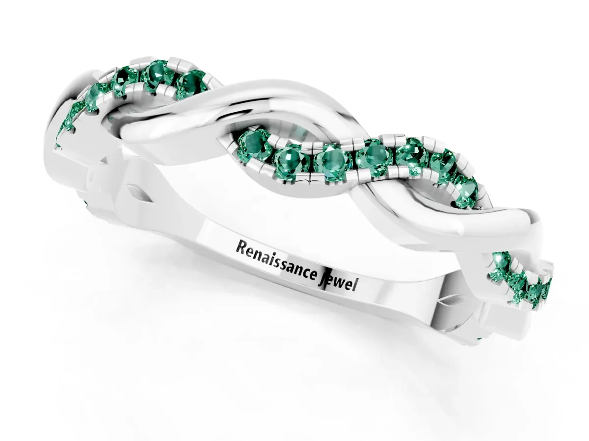 Round Green Sapphire Twist Eternity Band with Pavé Setting Platinum