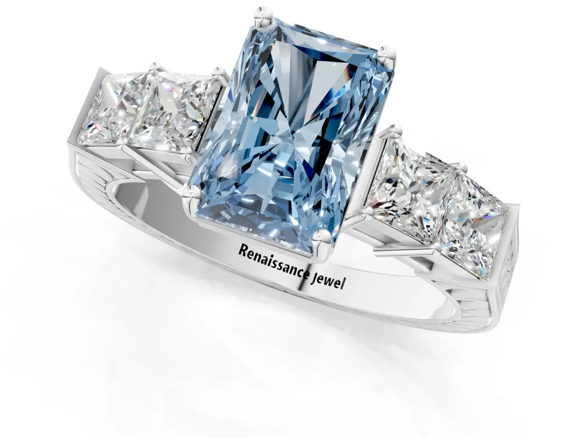 Fancy Blue Radiant Cut Solitaire Princess Side Stone Engraved Band Prong Setting Ring Silver
