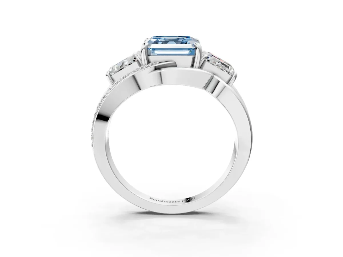Fancy Blue Three-Stone Asscher Cut Cut Diamond Split Shank Prong Set Ring Platinum