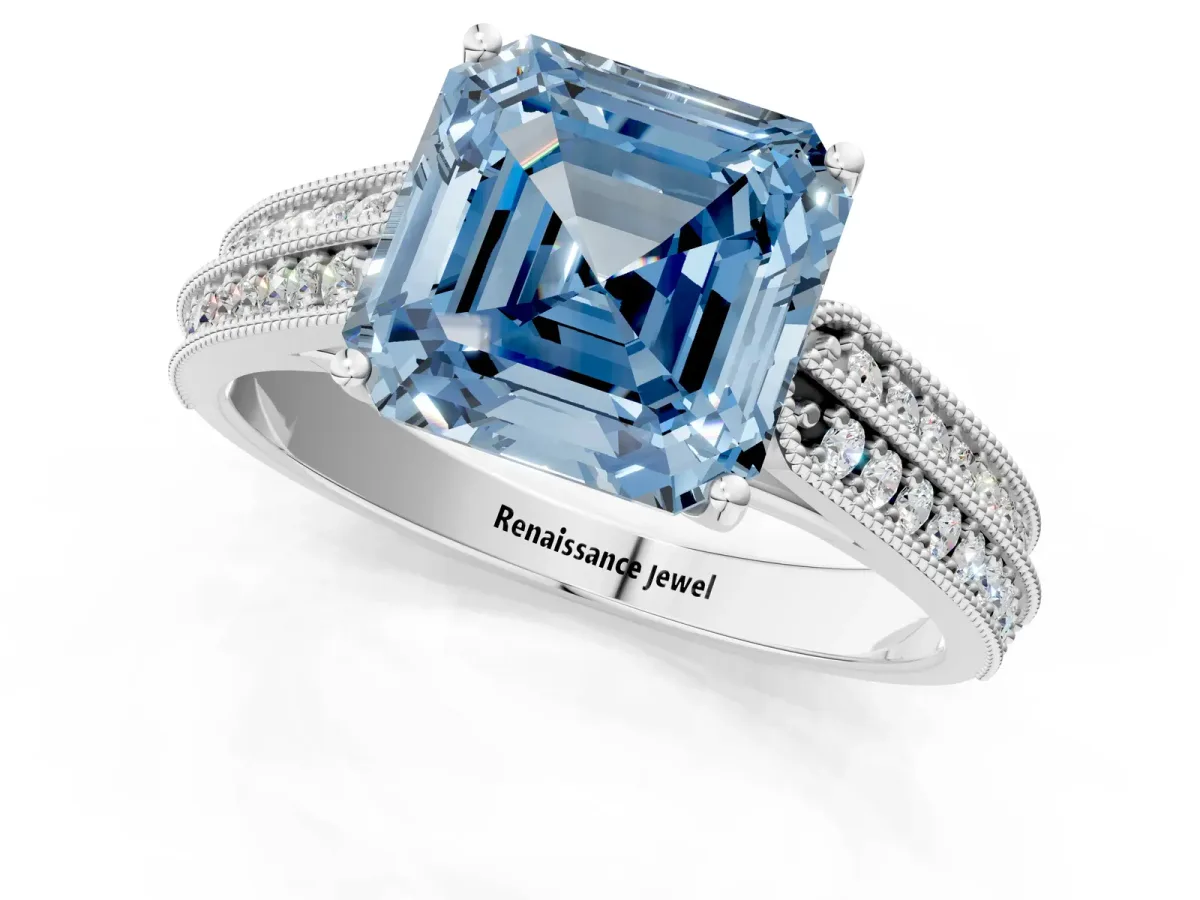 Fancy Blue Asscher Cut Cut Pave Split Shank Engagement Ring with Four-Prong Setting Platinum