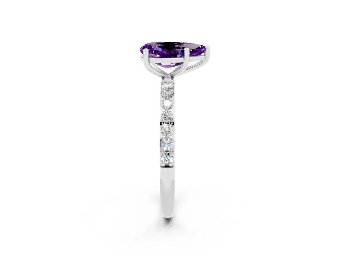 Pear Cut Amethyst Solitaire Ring with Round Pavé Band and Prong Setting Platinum