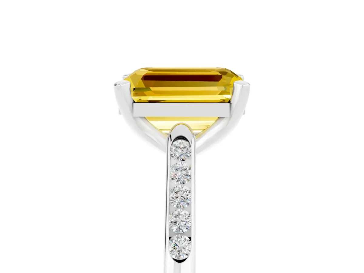 Emerald Cut Yellow Sapphire Solitaire Ring with Channel Set Round Band and Prong Setting Silver