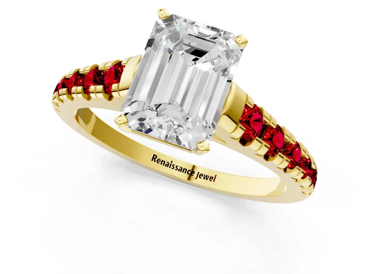 Emerald Cut Diamond Cathedral Solitaire Ring with Round Ruby Pavé Band Yellow gold