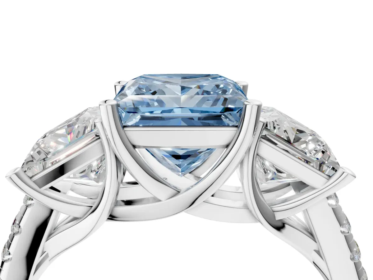 Fancy Blue Three-Stone Princess Cut Diamond Ring with Round Pavé Band and Prong Setting Silver