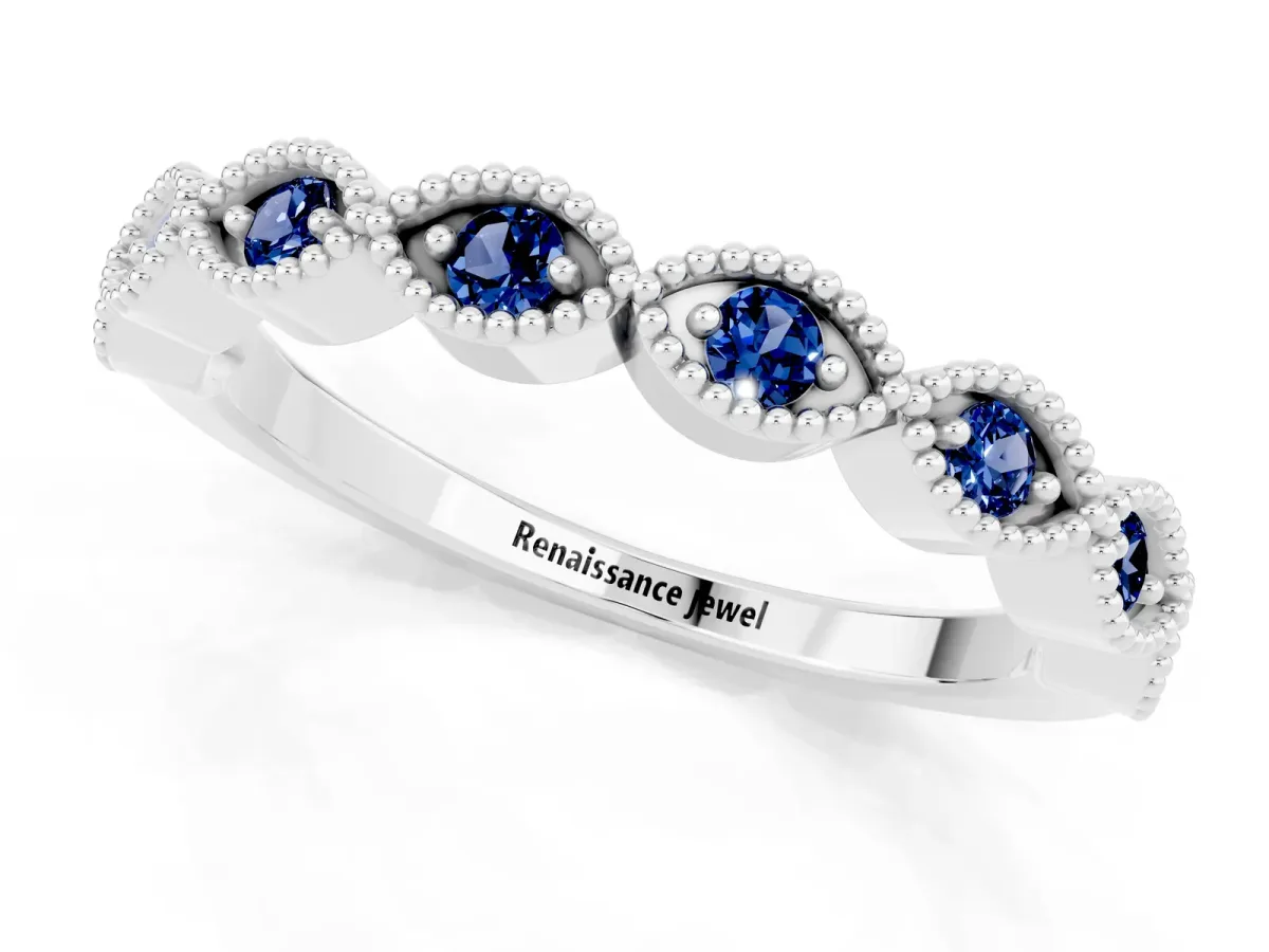 Milgrain Marquise Blue Sapphire Half Eternity Band with Bezel Setting White gold