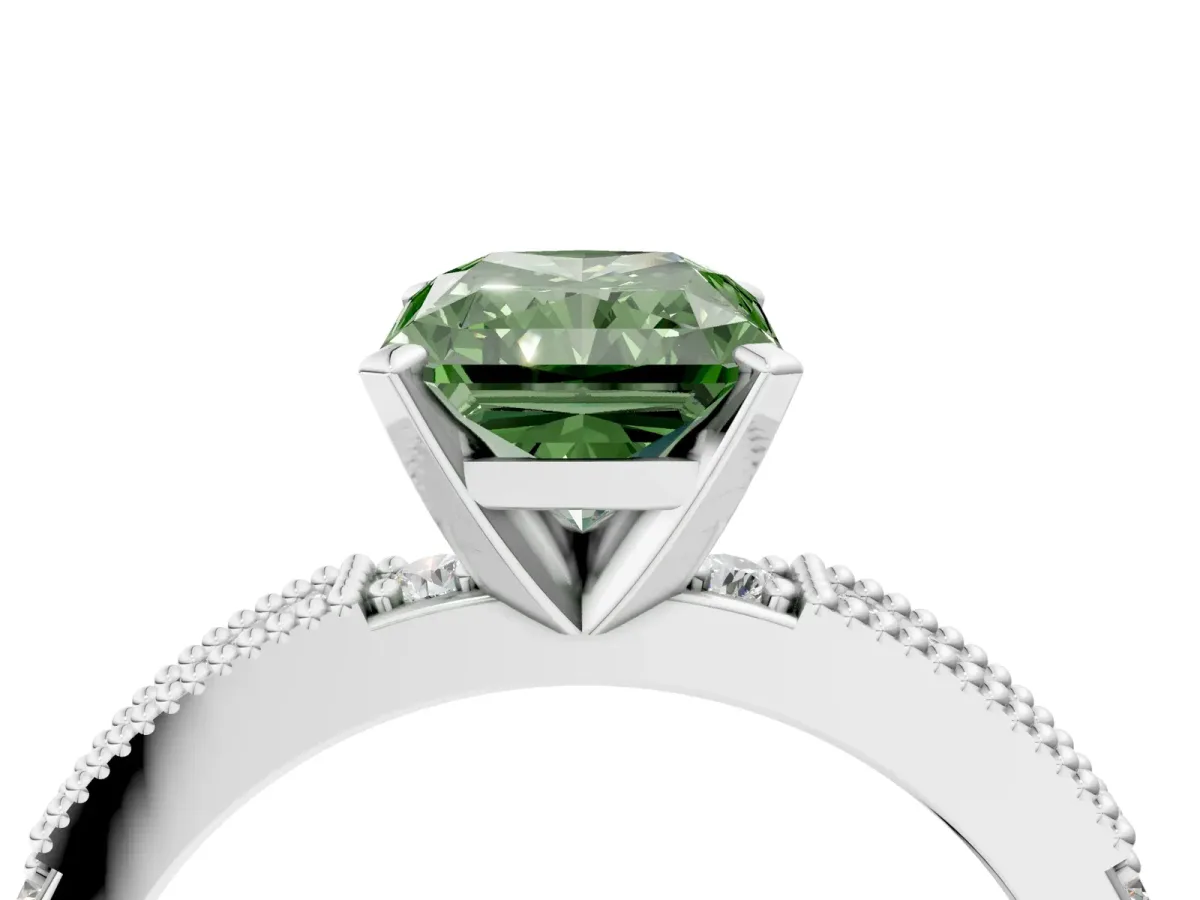 Fancy Green Radiant Cut Solitaire with Pavé Band and Four-Prong Setting Silver
