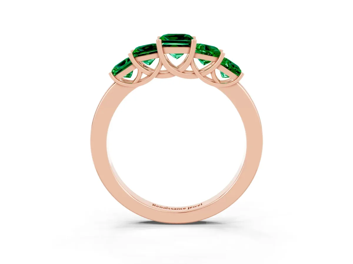 Princess Cut Five-Stone Emerald Ring with Classic Prong Setting Rose gold