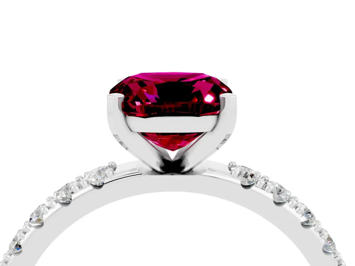 Cushion Cut Garnet Solitaire Pavé Band with Four-Prong Setting Platinum