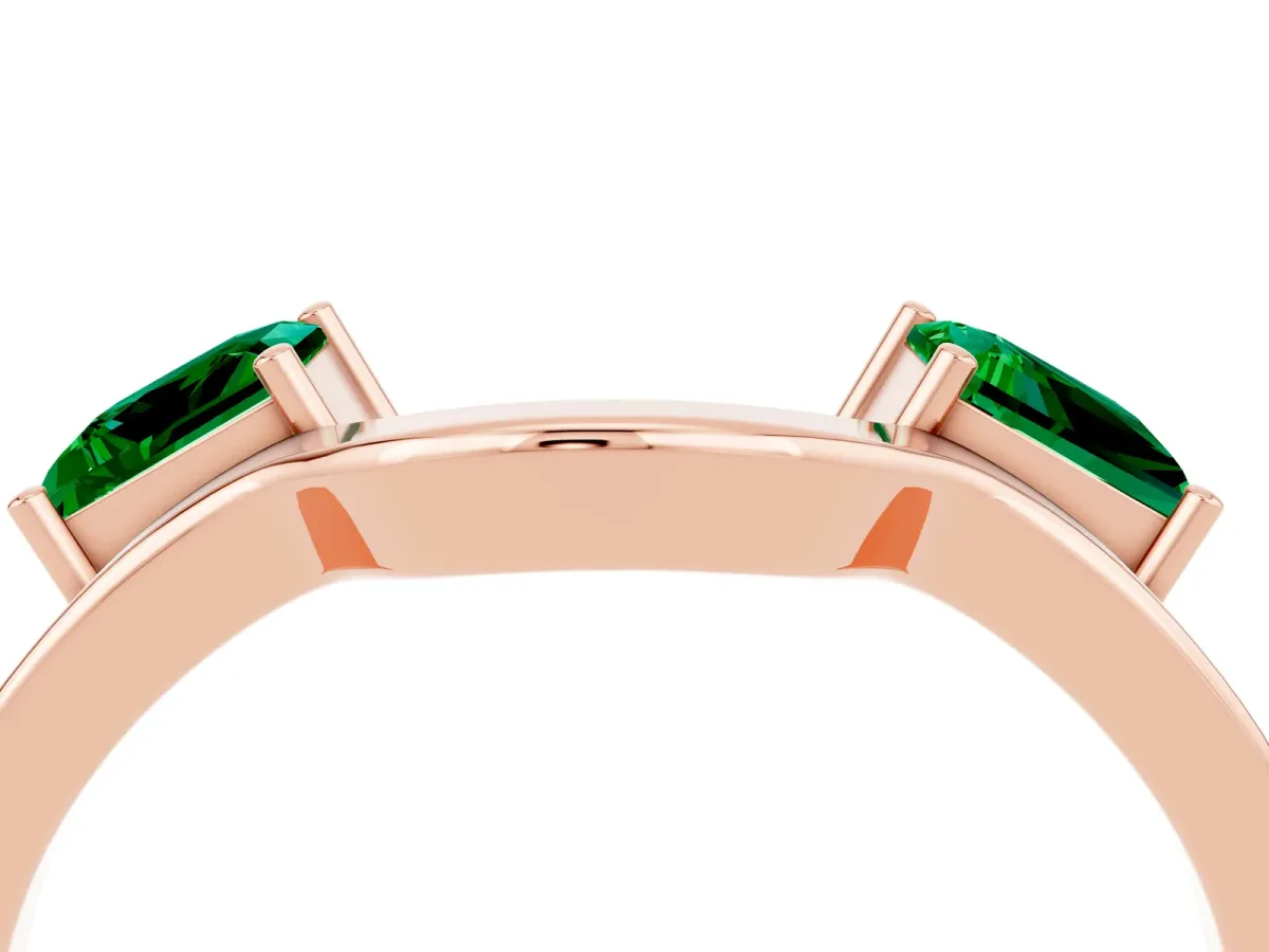 Princess Cut Emerald Two-Stone Open Band Ring with Four-Prong Setting Rose gold