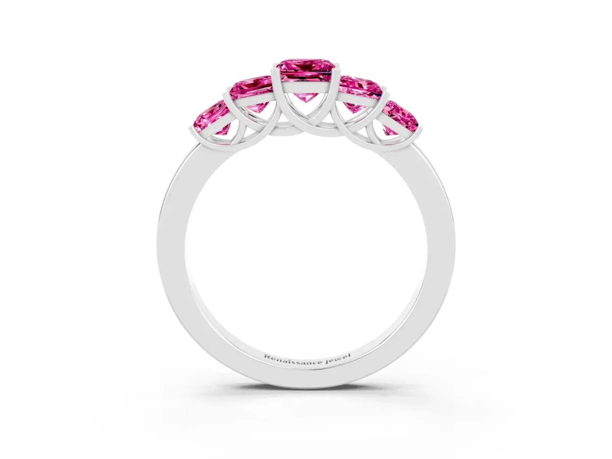 Princess Cut Five-Stone Pink Sapphire Ring with Classic Prong Setting Platinum