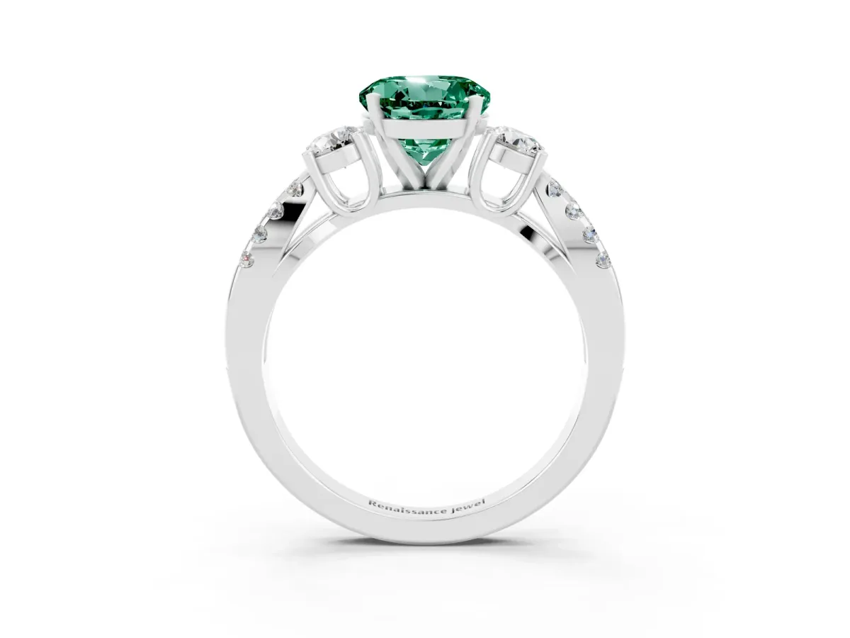 Round Cut Green Sapphire Three-Stone Ring with Pavé Split Shank and Four-Prong Setting Silver