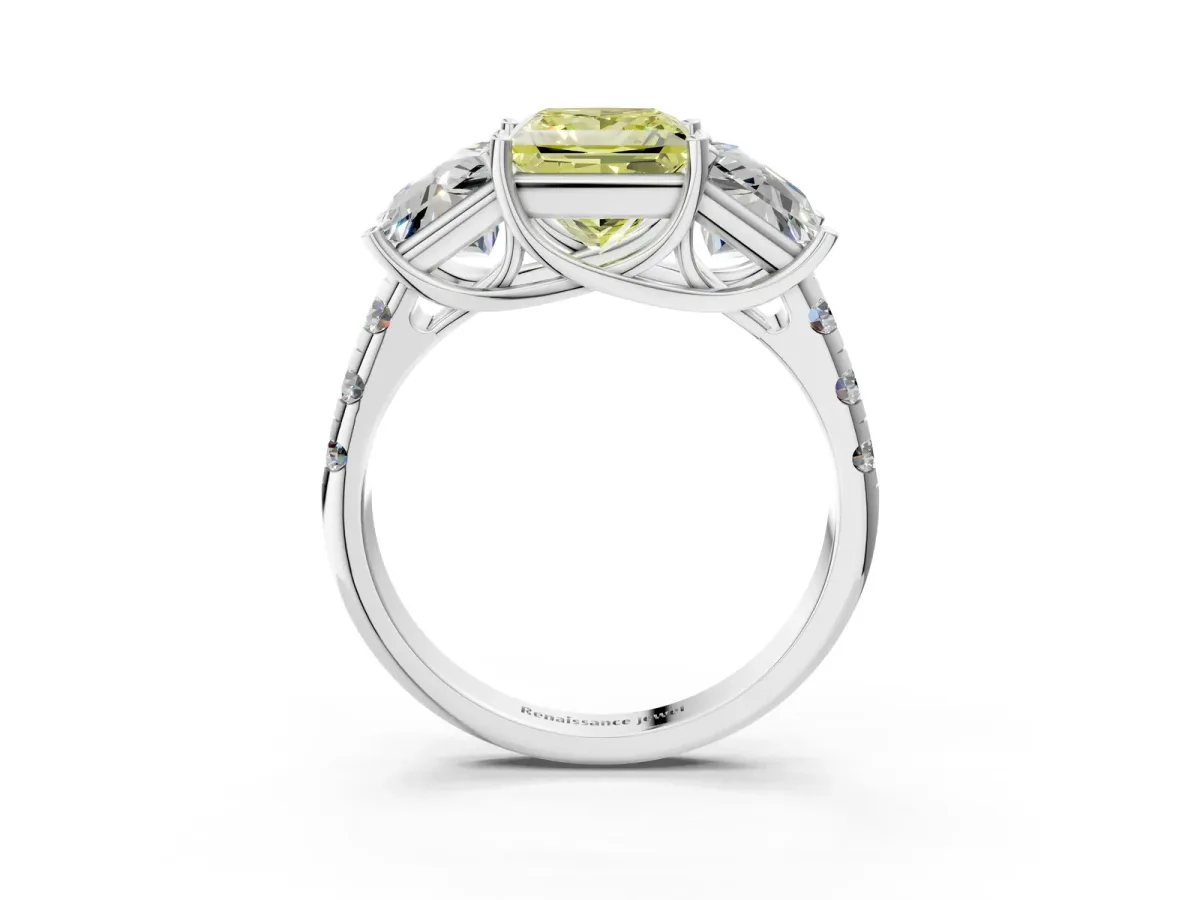 Fancy Yellow Three-Stone Princess Cut Diamond Pavé Band with Prong Setting Platinum