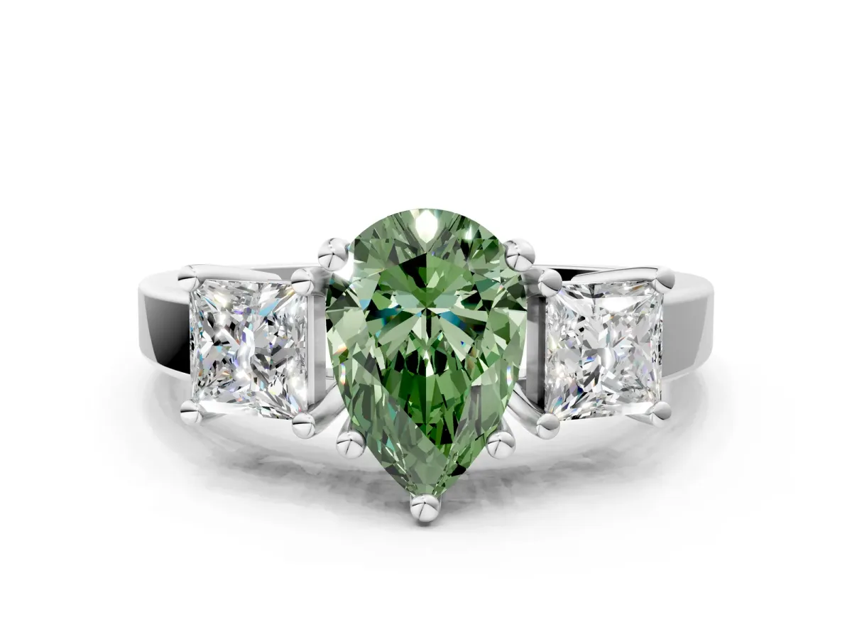 Fancy Green Three-Stone Pear Cut Cut Solitaire Ring with Prong Setting White gold