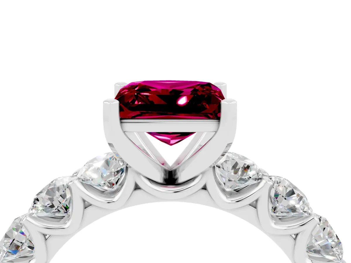 Princess Cut Garnet Prong Setting with Side Stones on a Pave Band Silver