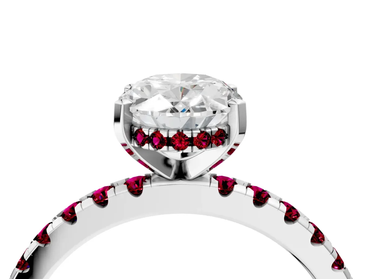 Oval Cut Diamond Solitaire Ring with Round Garnet Pavé Band and Four-Prong Setting Silver